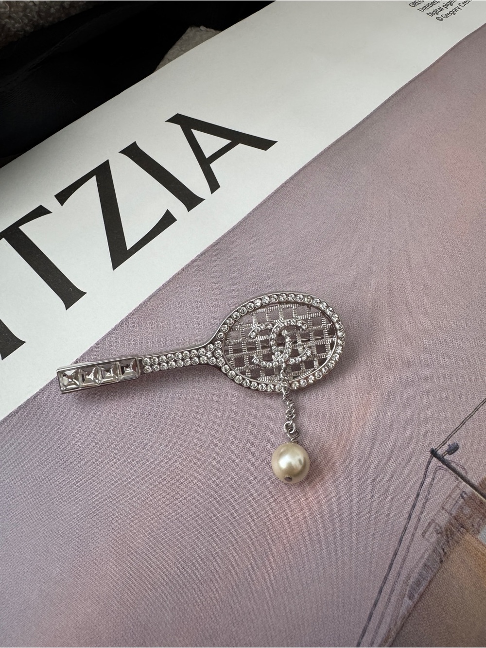 Crystal Tennis Racket Brooch with Pearl Charm - Silver